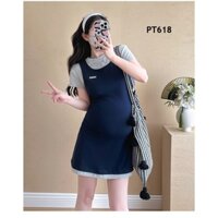 Đầm bầu body dáng ngắn hai màu xanh navy, xám, váy bầu giả yếm chất thun co giãn, phong cách năng động[ĐẦM BẦU THỎ]PT618