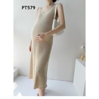 Đầm Bầu Body Len Montoghi, Đầm Bầu Ôm, Đầm Bầu Sang Chảnh Kem Đen ( Đầm Bầu Hàn Quốc) PT579