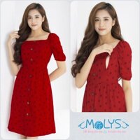 Đầm bầu Cho con bú ti Sau sinh m2222 đũi lụa chấm bi hot trend, cổ vuông, vai chun nữ tính