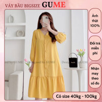 Đầm Bầu Công Sở 40-130kg - Váy Bầu GUME - Dáng đuôi cá màu vàng tay lỡ cổ tim cúc bọc MB261