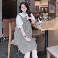 Đầm bầu công sở chất dạ mỏng kẻ cổ sen tay bồng dáng dài qua gối