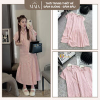 Đầm bầu công sở thiết kế , váy bầu mùa hè dáng dài kẻ caro cổ sơ mi thanh lịch che khuyết điểm cực tốt cho các Mom