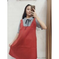 Đầm bầu công sở yếm liền phối sọc đứng đính nơ