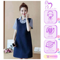 Đầm bầu công sở, yếm màu xanh than chũ U phối áo cổ đức, chất mềm mát, không nhăn, túi 2 bên -CS08