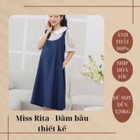 Đầm bầu công sở yếm xanh than liền áo trắng cổ bèo Đầm bầu bigsize tay cộc bồng thiết kế bởi Miss Rita