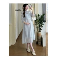 Đầm bầu dáng dài màu xanh, váy bầu cổ bèo tay lỡ chất voan tơ hai lớp, thêu hoa tiểu thư[ĐẦM BẦU HÀN QUỐC]UN274