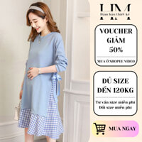 Đầm bầu dáng suông dài tay bigsize pha kẻ Đầm bầu công sở mặc đi làm đi chơi kèm nơ eo thiết kế bởi Happy Mom