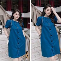 Đầm bầu đẹp dáng suông hàng cúc đen 2 màu xanh đen HM002