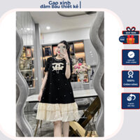 Đầm bầu dự tiệc , váy bầu babydoll đuôi cá cổ đá mix chữ CN nổi phối bèo chất hàn chéo lên dáng xinh miễn chê