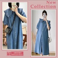 Đầm bầu hè thu cộc tay váy công sở jeans bò chất mềm thoáng mát thấm hút mồ hôi dáng suông dài phối cổ sen - 4MOMS791