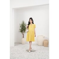 Đầm bầu hè , Váy bầu màu vàng babydoll phối cổ viền bèo phối khuy ngọc - MOMBABY