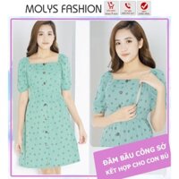 Đầm bầu kết hợp cho con bú Molys M2222 đũi lụa chấm bi cổ vuông