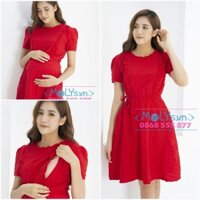 Đầm bầu kết hợp cho con bú MOLYS M2211 vải đũi ô nhăn bèo ngực sang chảnh đai thắt eo linh động