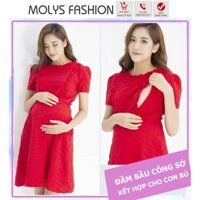 Đầm bầu kết hợp cho con bú Molys M2174 vải đũi lụa