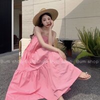Đầm bầu maxi dây Quảng Châu màu hồng nữ tính