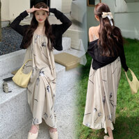 Đầm bầu maxi , váy bầu thiết kế set 2 dây hoa kèm áo khoác len tăm hàng 2 lớp kèm ảnh thật