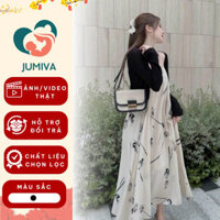 Đầm bầu thiết kế set hai dây kèm áo khoác len họa tiết hoa style vintage dự tiệc công sở thời trang