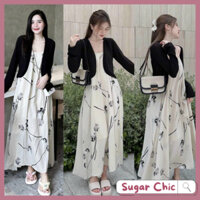 Đầm bầu thiết kế set hai dây kèm áo khoác len họa tiết hoa style vintage dự tiệc công sở thời trang