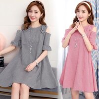 đầm bầu thỏ mommy mẫu caro hồng khoet vai