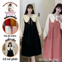 Đầm bầu thu đông nhung phối 2 màu cổ sen nơ điệu đà.