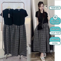 ĐẦM BẦU TIỂU THƯ CỘC TAY MÙA HÈ CHẤT THUN COTTON CHÂN VÁY KẺ CARO TRẺ TRUNG V994 VÁY BẦU CÔNG SỞ XINH