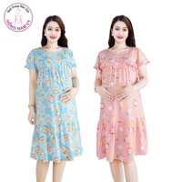 Đầm bầu và sau sinh tay ngắn Hồng Nam Vy tole lanh 2 da mặc nhà đẹp mát