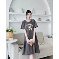 Đầm bầu - Váy bầu cộc tay babydoll chất cotton in hình mặt gấu nâu - D028