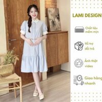 Đầm Bầu, Váy Bầu Công Sở Thiết Kế Cổ Sơ Mi Kẻ Sọc Xanh Cao Cấp Dài Qua Gối Chất Vải Mát Cho Mùa Hè LAMI