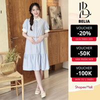 Đầm Bầu, Váy Bầu Công Sở Thiết Kế Cổ Sơ Mi Kẻ Sọc Xanh Cao Cấp Dài Qua Gối Chất Vải Mát Cho Mùa Hè