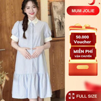 Đầm Bầu, Váy Bầu Công Sở Thiết Kế Cổ Sơ Mi Kẻ Sọc Xanh Cao Cấp Dài Qua Gối Chất Vải Mát Cho Mùa Hè