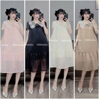 Đầm bầu - Váy bầu đi tiệc cộc tay ren tơ chân xoè cổ sen đá - D110