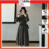Đầm Bầu Váy Bầu Thu Đông Dài Tay Hoa Nhí Freesize (43-75kg) Chất Voan Dáng Suông Cổ Ren Kèm Đai Thắt A078 Lin Store66