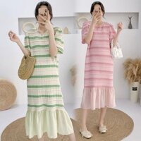 Đầm bầu_ váy bầu xinh babydoll đuôi cá dáng rộng phối họa tiết kẻ sọc đơn giản