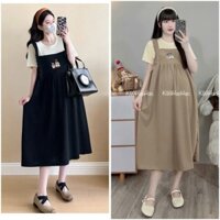 Đầm bầu - Váy yếm bầu cộc tay chất thun cotton tổ ong thêu ngực viền bèo - D021
