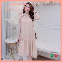 Đầm bầu voan hai lớp - váy bầu công sở 3 nơ vai sát nách hàng freesize tới 70kg BN09