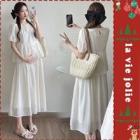 Đầm bầu xinh mùa hè, váy bầu thiết kê sét áo kèm chân váy rời có đáp bụng mềm kèm chun chỉnh thoải mái V860