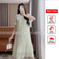 Đầm bầu xinh Mum's shop VH202 Tơ hoa xanh cốm cổ trắng, màu sang, nhẹ nhàng , mát mẻ mẹ bầu mặc đi làm, đi tiệc đều xinh