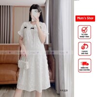 Đầm bầu xinh Mum's shop VV325-Hoa trắng nổi 3 nơ màu sang trọng , mát mẻ mẹ bầu mặc đi làm, đi tiệc đều xinh