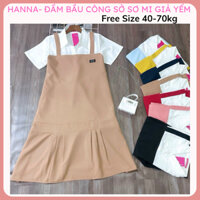 Đầm bầu xinh sơ mi công sở giả yếm dễ thương lên fom gọn có túi bên sườn free size từ 40-70kg dài qua gối mềm mát