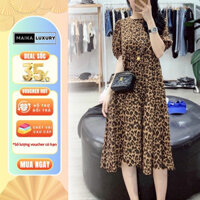 Đầm bầu xinh thiết kế họa tiết da báo dáng suông chất vải lụa tằm mặc đi dự tiệc công sở