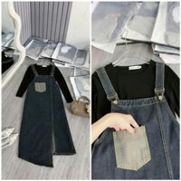 Đầm bầu yếm bò thu đông kèm áo, yếm bò jean bigsize thu đông, váy bầu thu đông