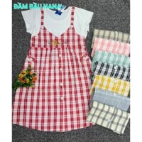 Đầm bầu yếm liền caro phối nơ 2 túi kiểu dáng trẻ trung