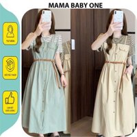 Đầm bầu yếm liền chất thun cotton mềm mát phối màu sang chảnh X218-Váy bầu mùa hè đi làm đi chơi xinh xắn