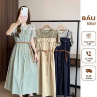 Đầm bầu yếm liền kèm đai xinh xắn TRENDY X218-Váy bầu mùa hè kẻ phối màu trẻ trung mặc đi làm đi chơi.