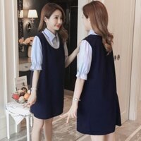 đầm bầu yếm liền xanh than cổ tay xọc xanh TMM_647