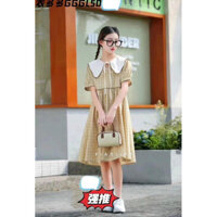 Đầm bé gái babydoll caro vàng bâu nhọn viền xanh đen QCCC - size 25-50kg