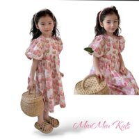 Đầm Bé Gái Babydoll Hoa hồng tay phồng Chất Thô QC lót 2 lớp size (12-37kg)