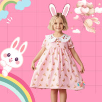 Đầm bé gái cotton hồng họa tiết chú thỏ nâu