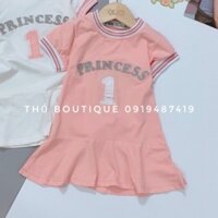 Đầm bé gái ZARA KIDS xuất xịn thun cotton tà xoè ngắn cổ tròn tay ngắn hồng thêu chữ Princess viền hồng size 6