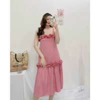Đầm bèo 2 dây  đầm maxi nữ suông 2 dây bản to phối bèo Giá 290k Hàng có sẵn giao ngay Màu xanh mint + màu hồng phấn